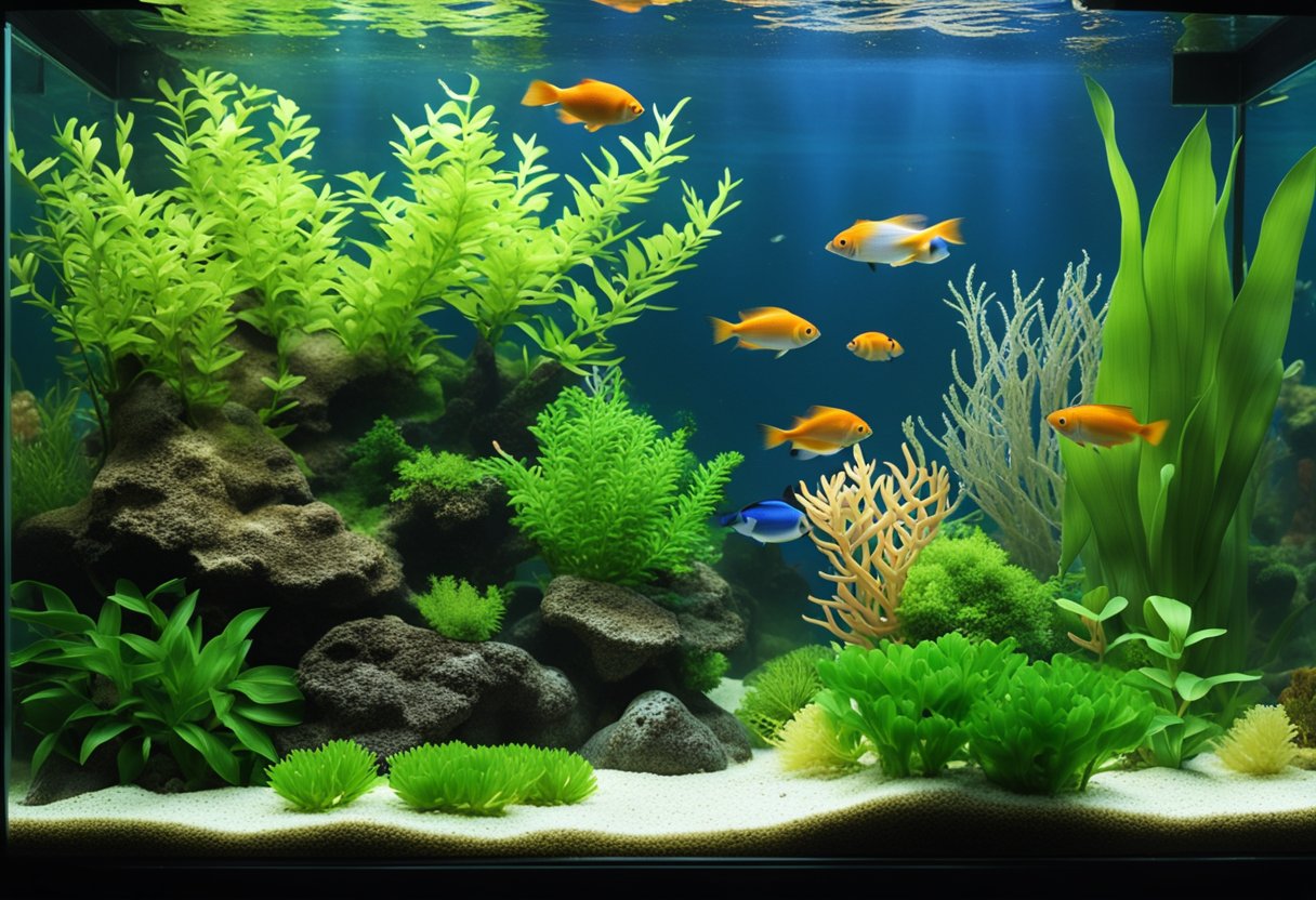 Um aquário com iluminação e aquecimento adequados, apresentando peixes coloridos e plantas aquáticas.